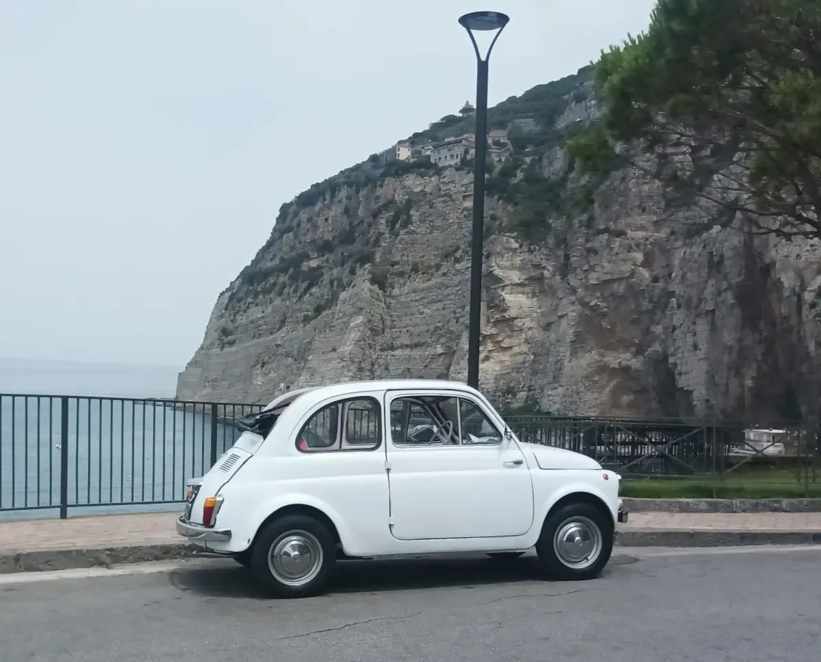 Fiat 500 F — White, vintage car for hire in Sorrento